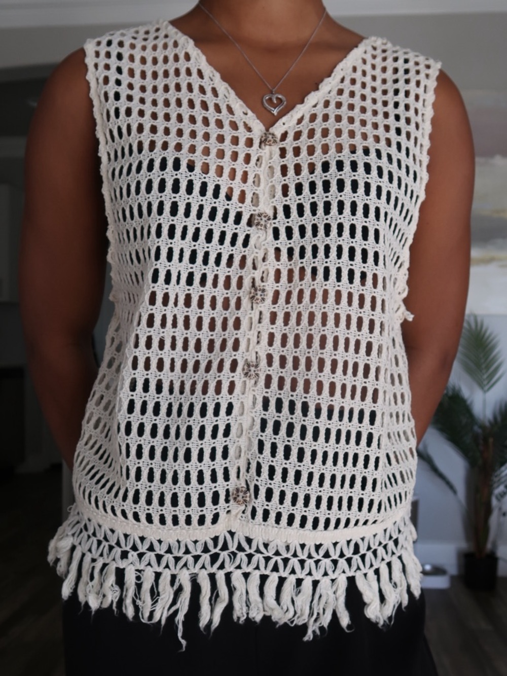 Open-Weave Crochet Button-Front Cottagecore Knit Vest in Cream
